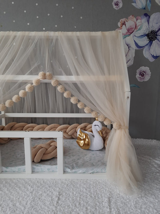 Montessori canopy with pom poms for nursery. Crib tulle canopy + Free swan pillow.