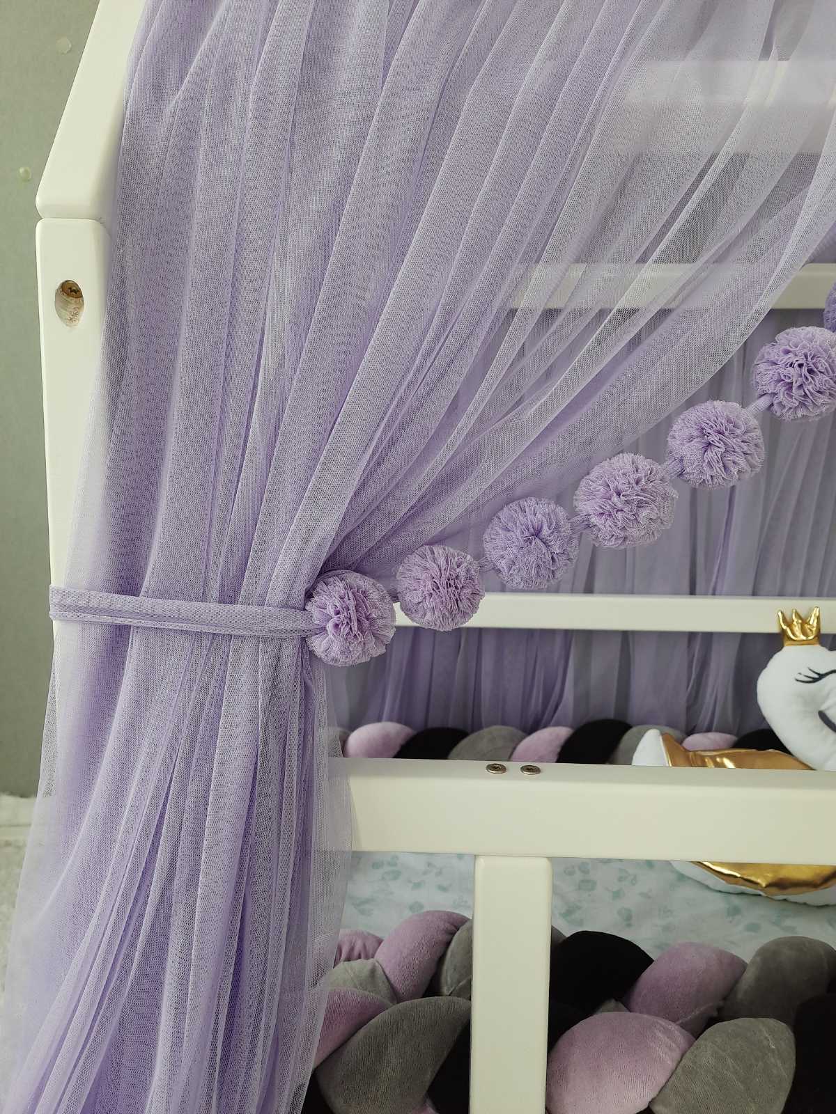 Violet Montessori Tulle Canopy with Pom Poms for Nursery – Crib Canopy