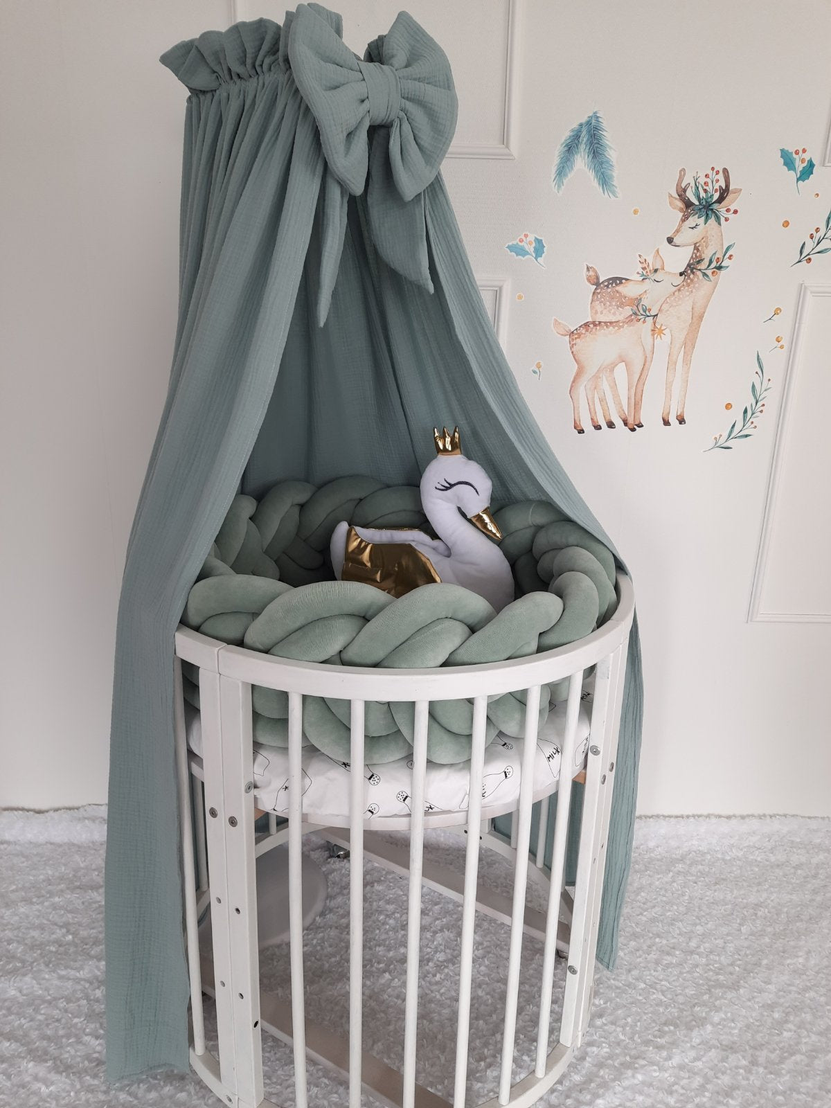 Sage Green Muslin Canopy with Bow + Swan as a gift