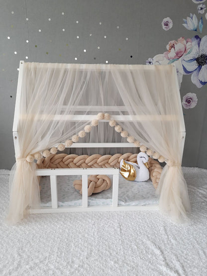 Ivory Montessori Tulle Canopy with Pom Poms for Nursery – Crib Canopy