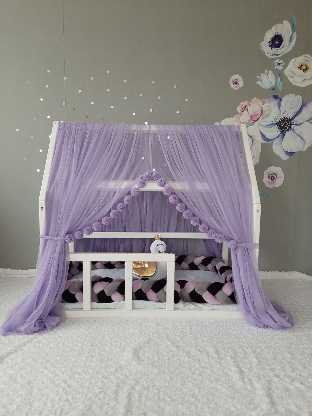 Violet Montessori Tulle Canopy with Pom Poms for Nursery – Crib Canopy