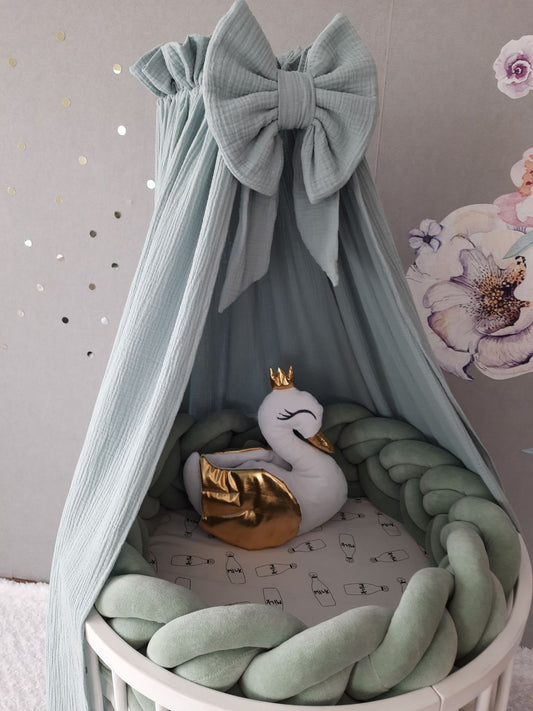 Sage Green Muslin Canopy with Bow + Swan as a gift