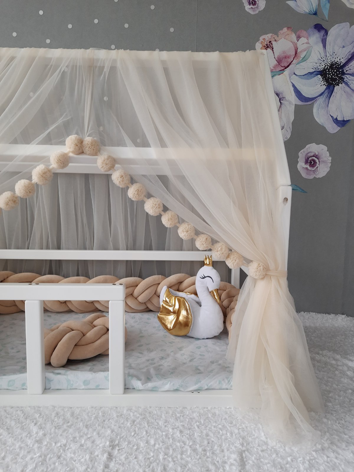 Montessori canopy with pom poms for nursery. Crib tulle canopy + Free swan pillow.