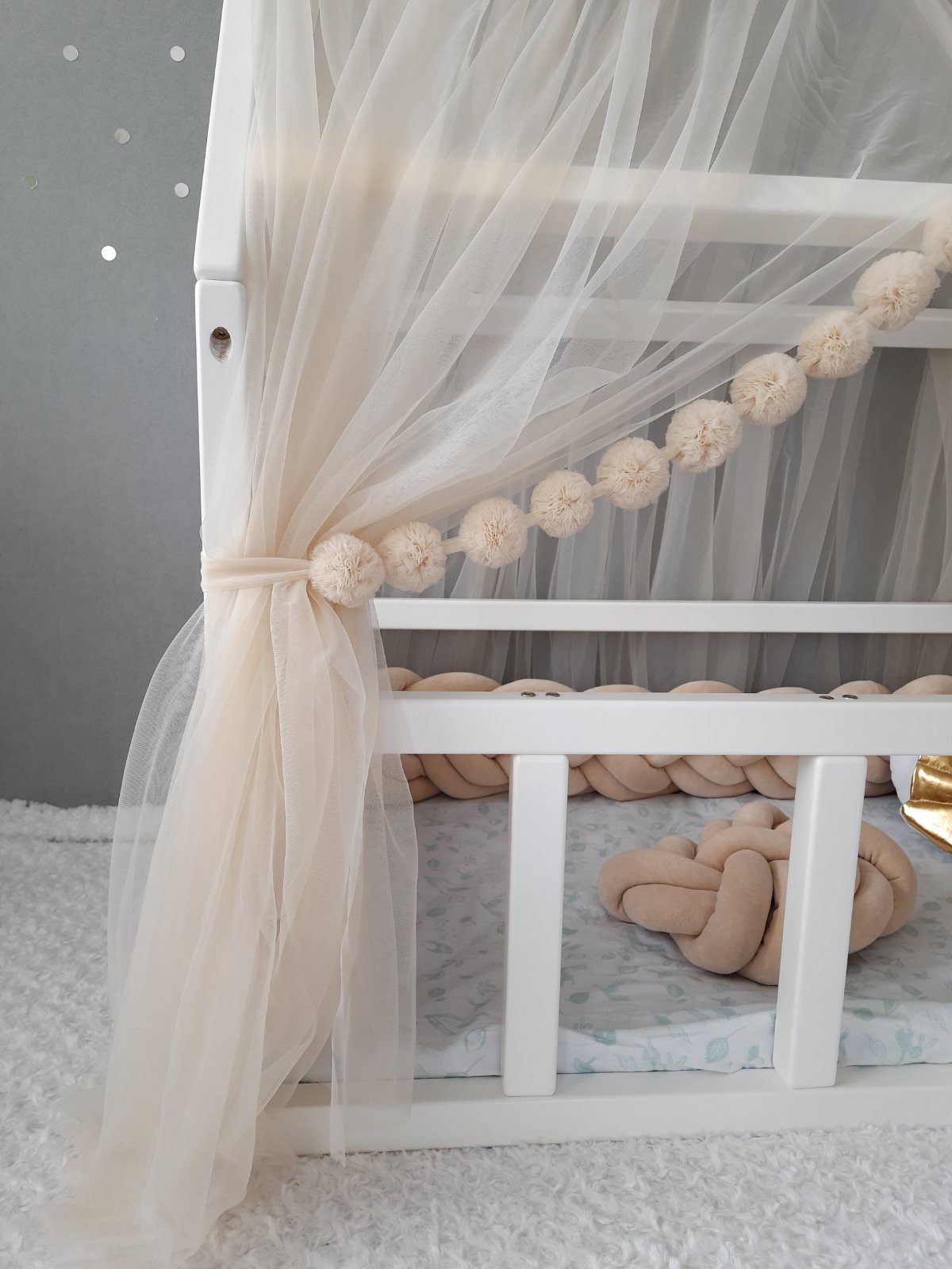 Ivory Montessori Tulle Canopy with Pom Poms for Nursery – Crib Canopy