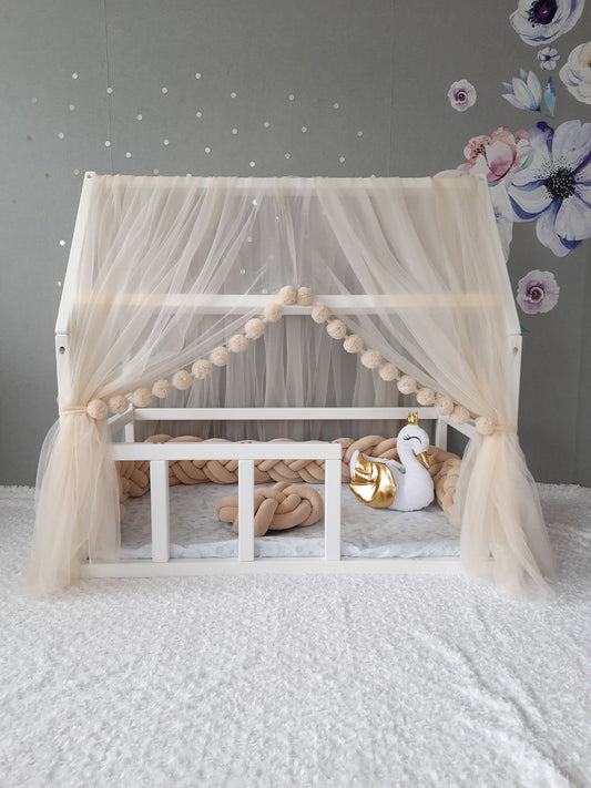 Ivory Montessori Canopy with Pom Poms for Nursery. Crib Tulle Canopy