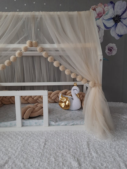 Ivory Montessori Tulle Canopy with Pom Poms for Nursery – Crib Canopy