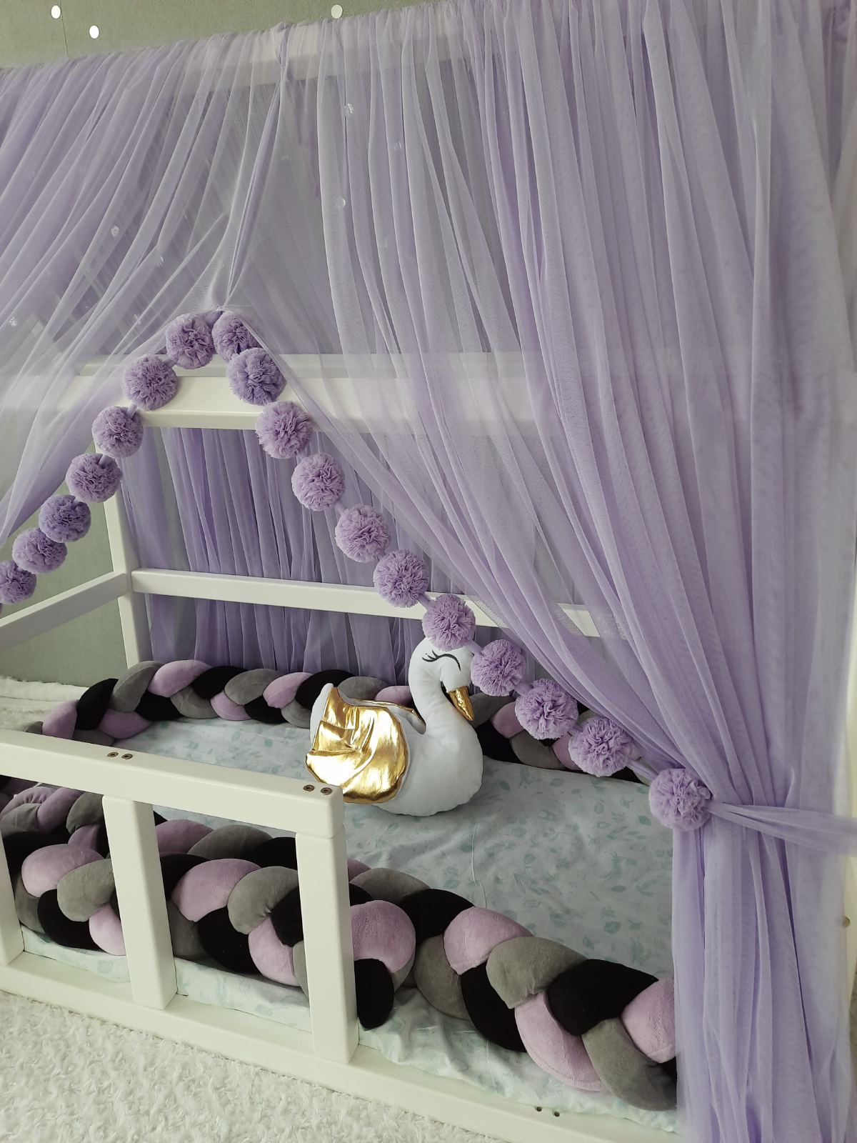 Violet Montessori Tulle Canopy with Pom Poms for Nursery – Crib Canopy