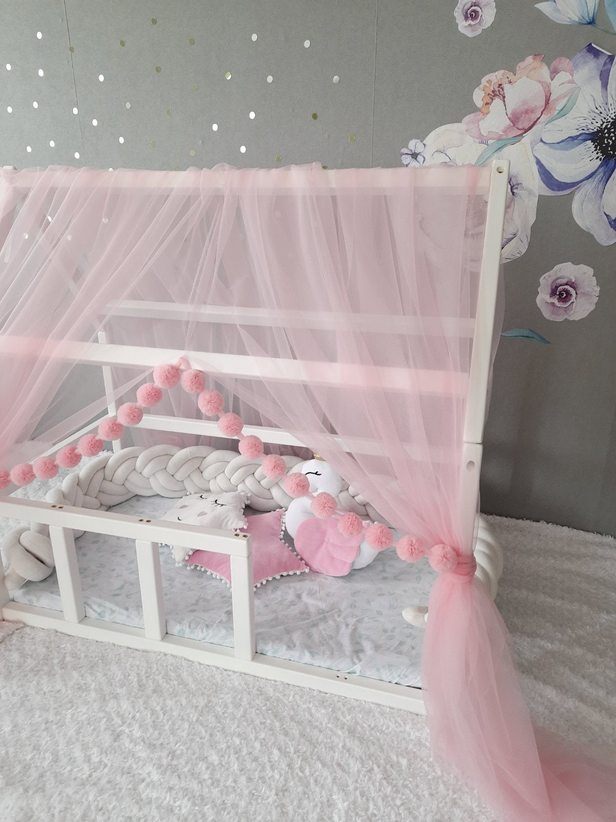 LightPink Montessori Tulle Canopy with Pom Poms for Nursery – Crib Canopy