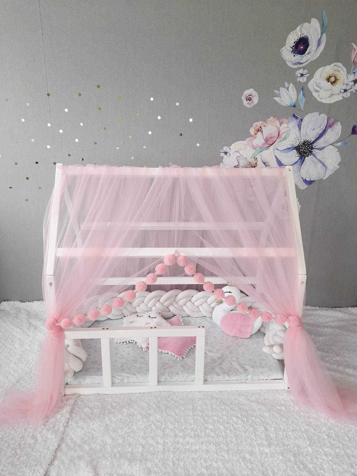 LightPink Montessori Tulle Canopy with Pom Poms for Nursery – Crib Canopy