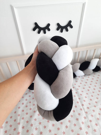 White-gray-black Braided Crib Bumper - Weaving in 3 Strips held in hand