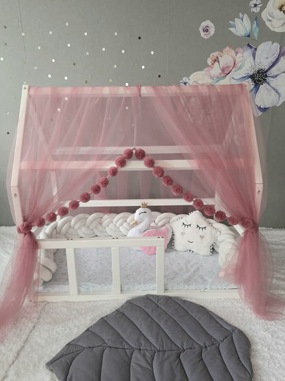 Montessori canopy with pom poms for nursery. Crib tulle canopy +Swan pillow as a gift