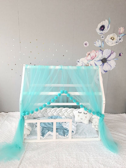 Montessori canopy with pom poms for nursery. Crib tulle canopy