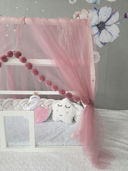 Montessori canopy with pom poms for nursery. Crib tulle canopy +Swan pillow as a gift