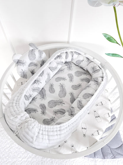 White-LightGray Crib Set: Braided Crib Bumper - Weaving in 4 Strips with FREE Star Pillow and Optional Variants