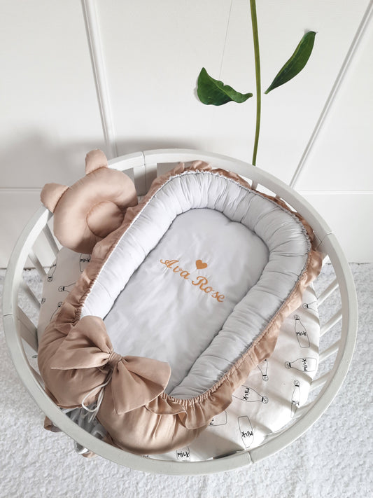 Baby Nest for Newborn. Cotton BabyNest + Personal Embroidery. Pillow as a Gift!