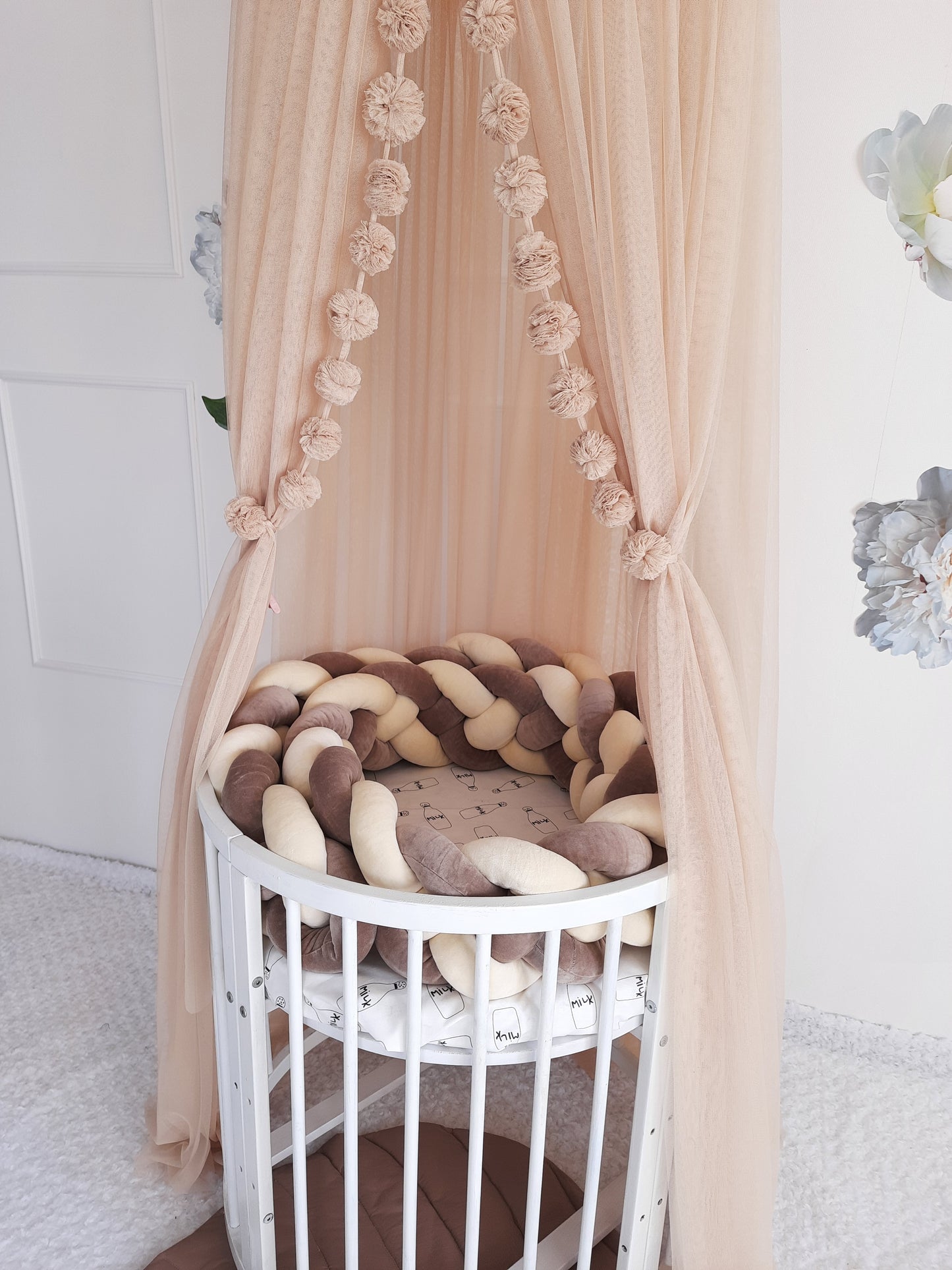 Braided cot bumper on the oval crib with best canopy for nursery