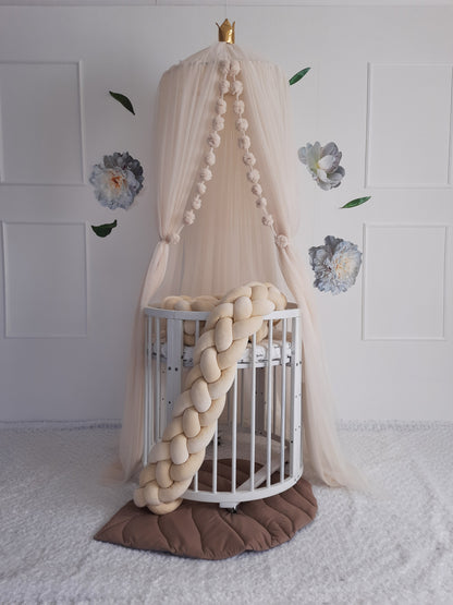 Vanilla Braided Crib Bumper - Weaving in 4 Strips on the oval crib with nursery canopy in ivory color. Front side