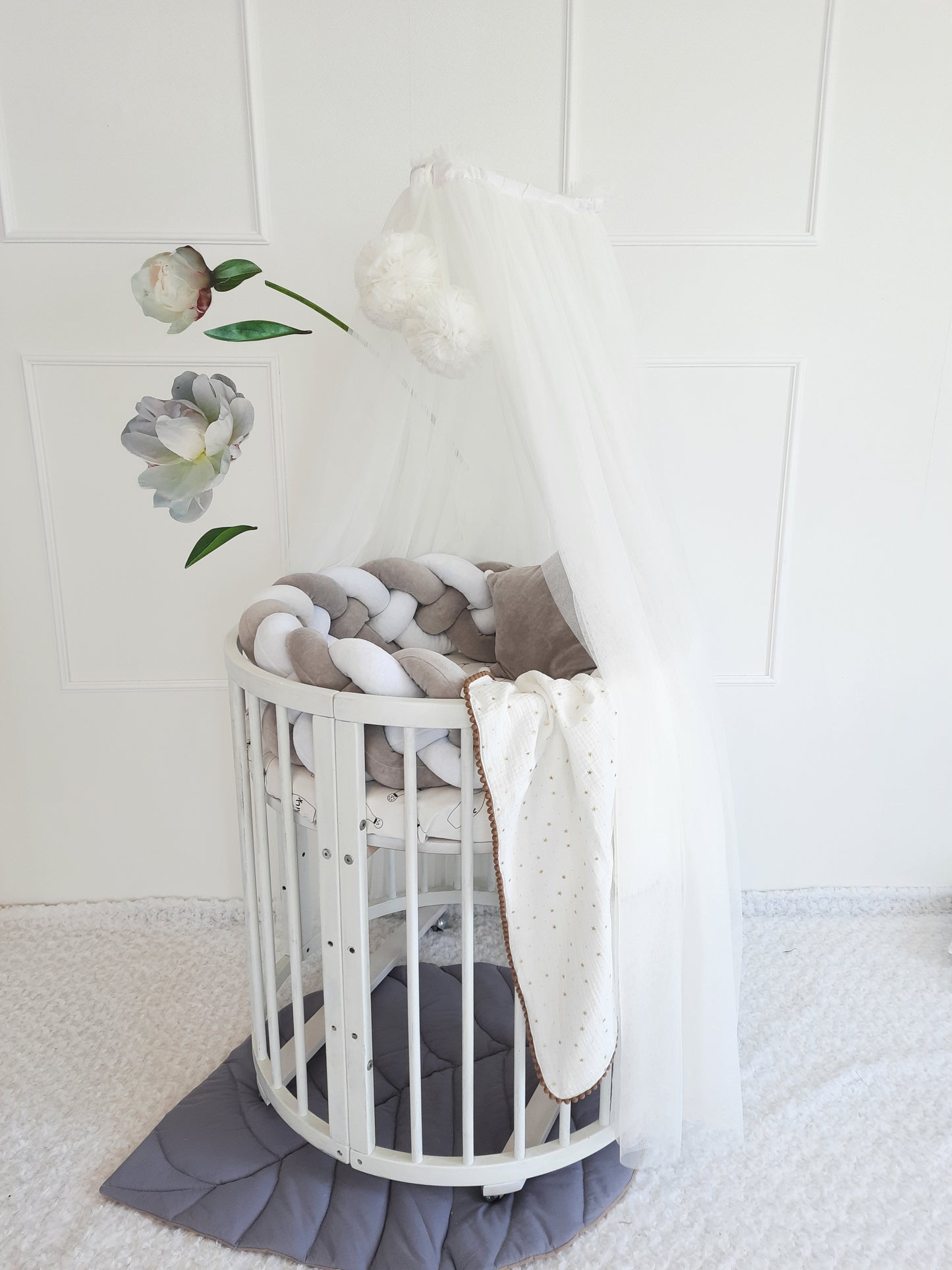 White-LightGray Crib Set: Braided Crib Bumper - Weaving in 4 Strips with FREE Star Pillow and Optional Variants