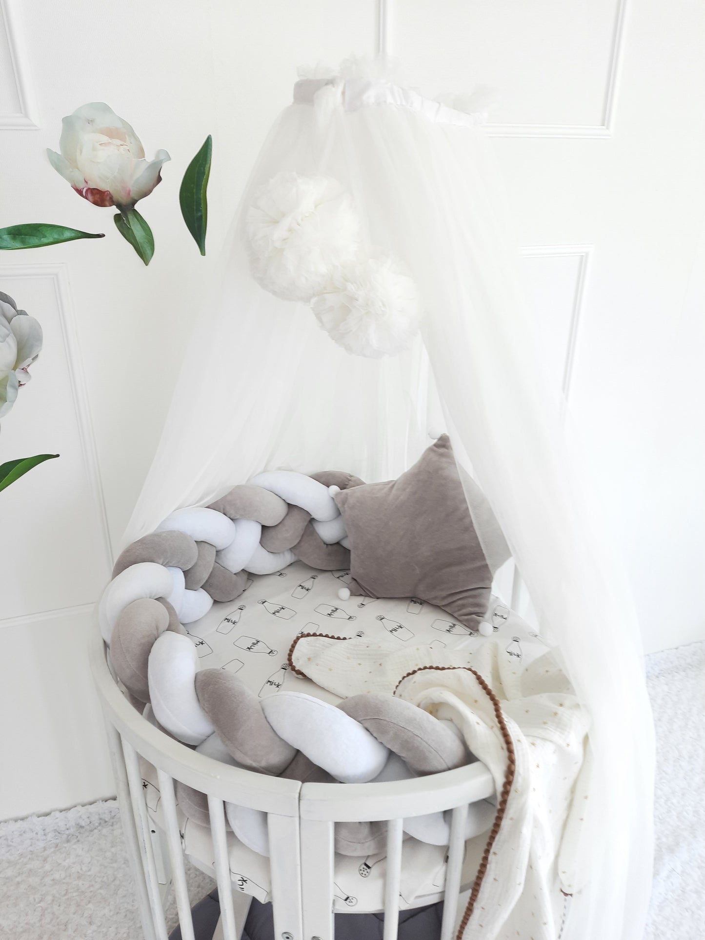 White-LightGray Crib Set: Braided Crib Bumper - Weaving in 4 Strips with FREE Star Pillow and Optional Variants