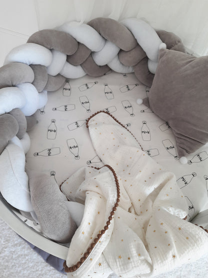 White-LightGray Crib Set: Braided Crib Bumper - Weaving in 4 Strips with FREE Star Pillow and Optional Variants