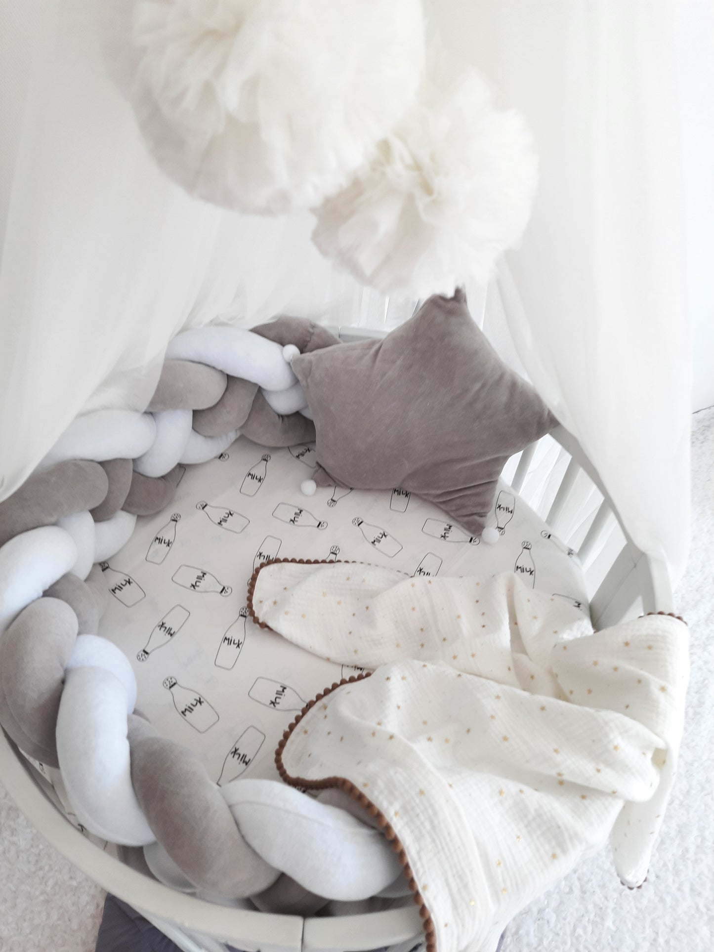 White-LightGray Crib Set: Braided Crib Bumper - Weaving in 4 Strips with FREE Star Pillow and Optional Variants