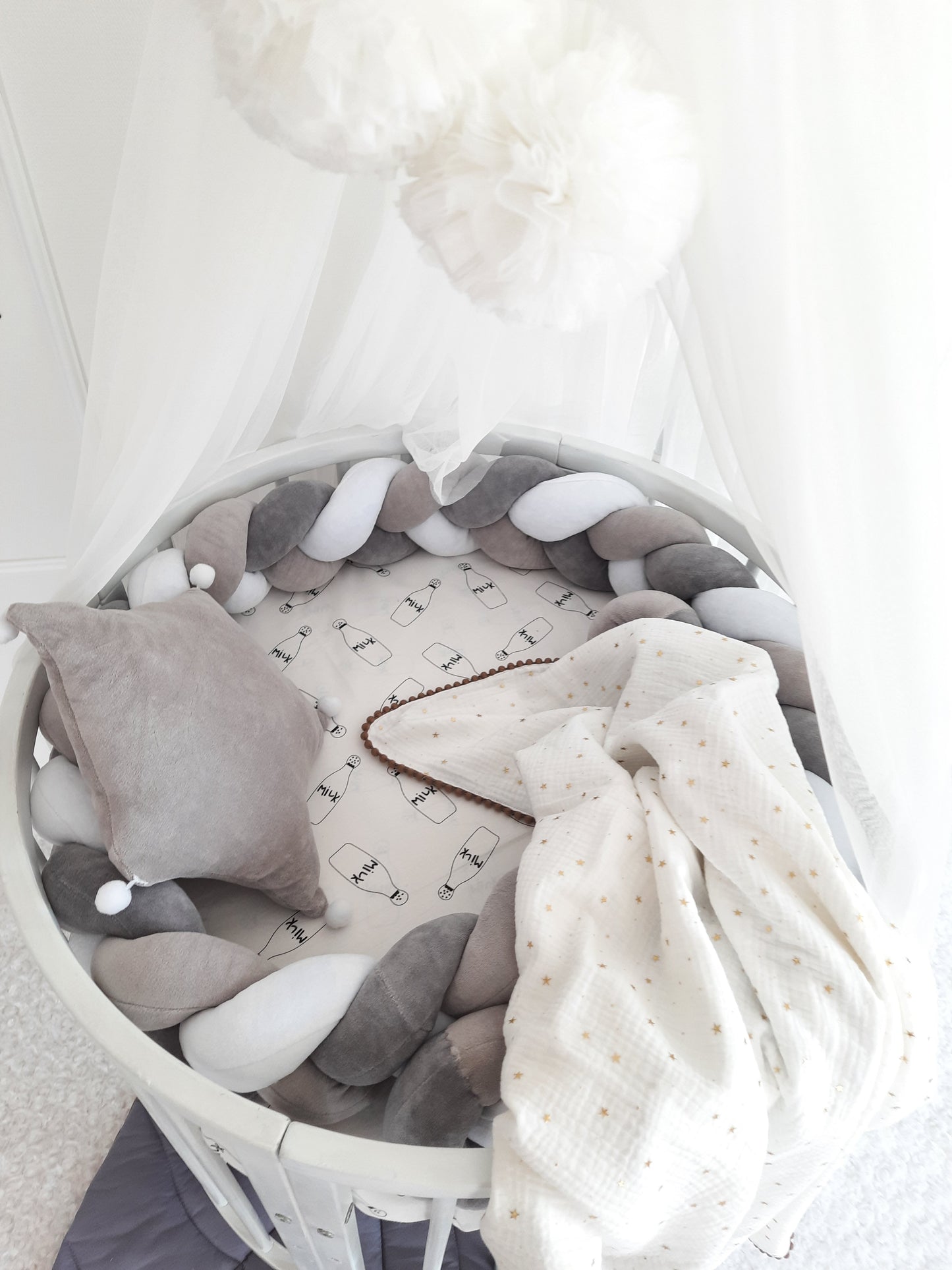 White-LightGray Crib Set: Braided Crib Bumper - Weaving in 4 Strips with FREE Star Pillow and Optional Variants