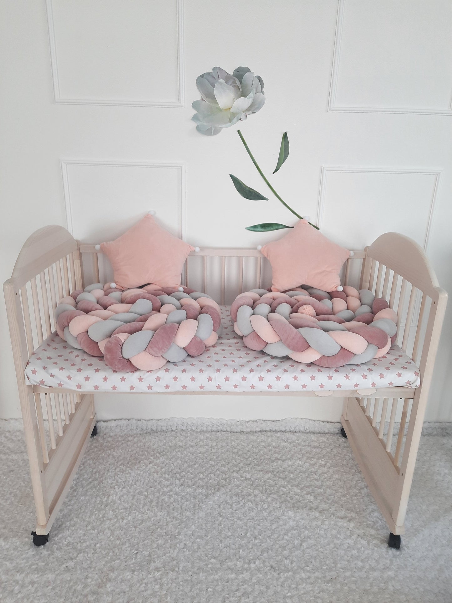 Rose-ColdGray-White Braided Crib Bumper - Weaving in 3 Strips