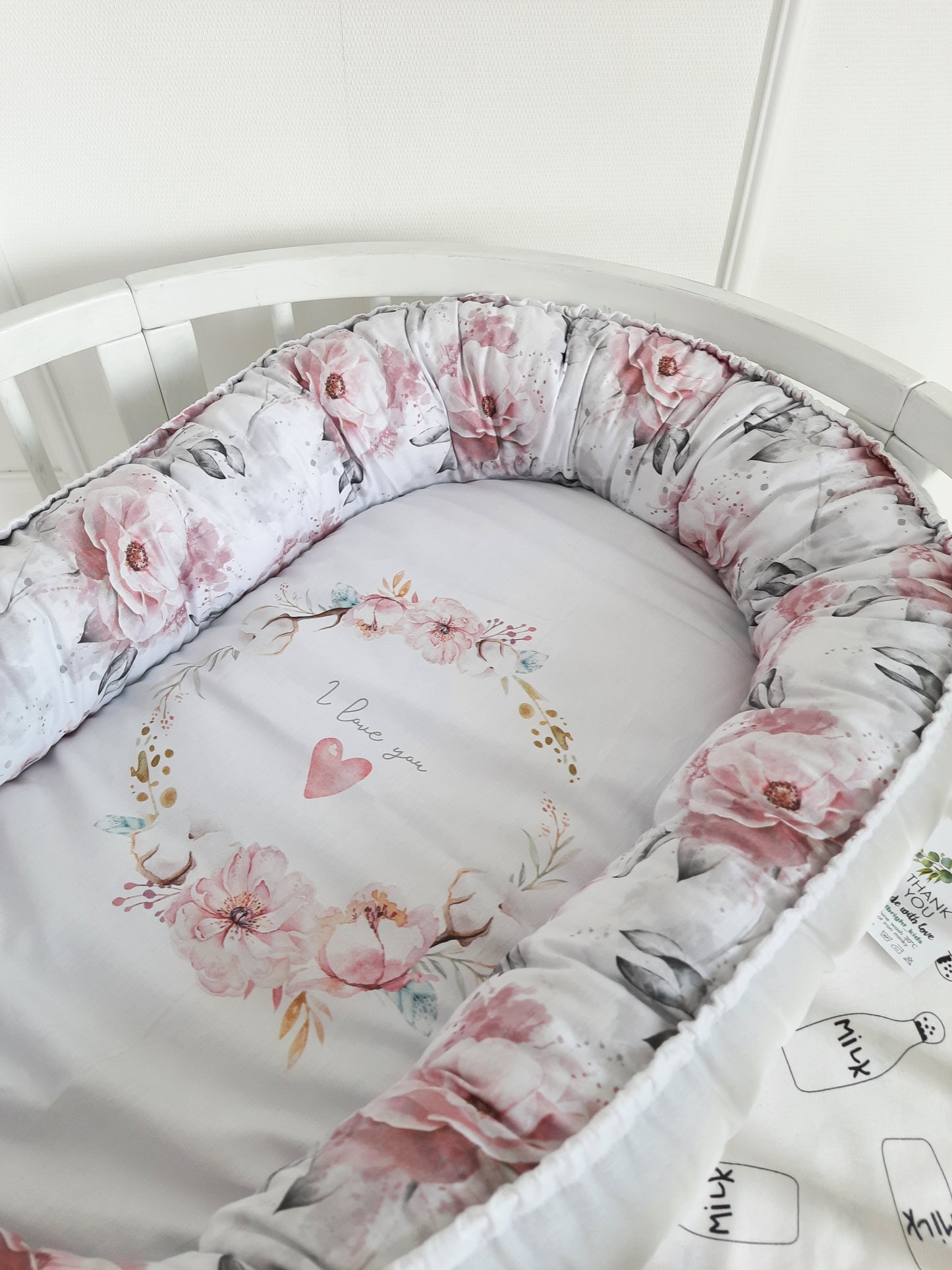 White-Pink Crib Set: Braided Crib Bumper - Weaving in 4 Strips with FREE Star Pillow and Optional Variants