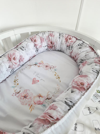 White-Pink Crib Set: Braided Crib Bumper - Weaving in 4 Strips with FREE Star Pillow and Optional Variants