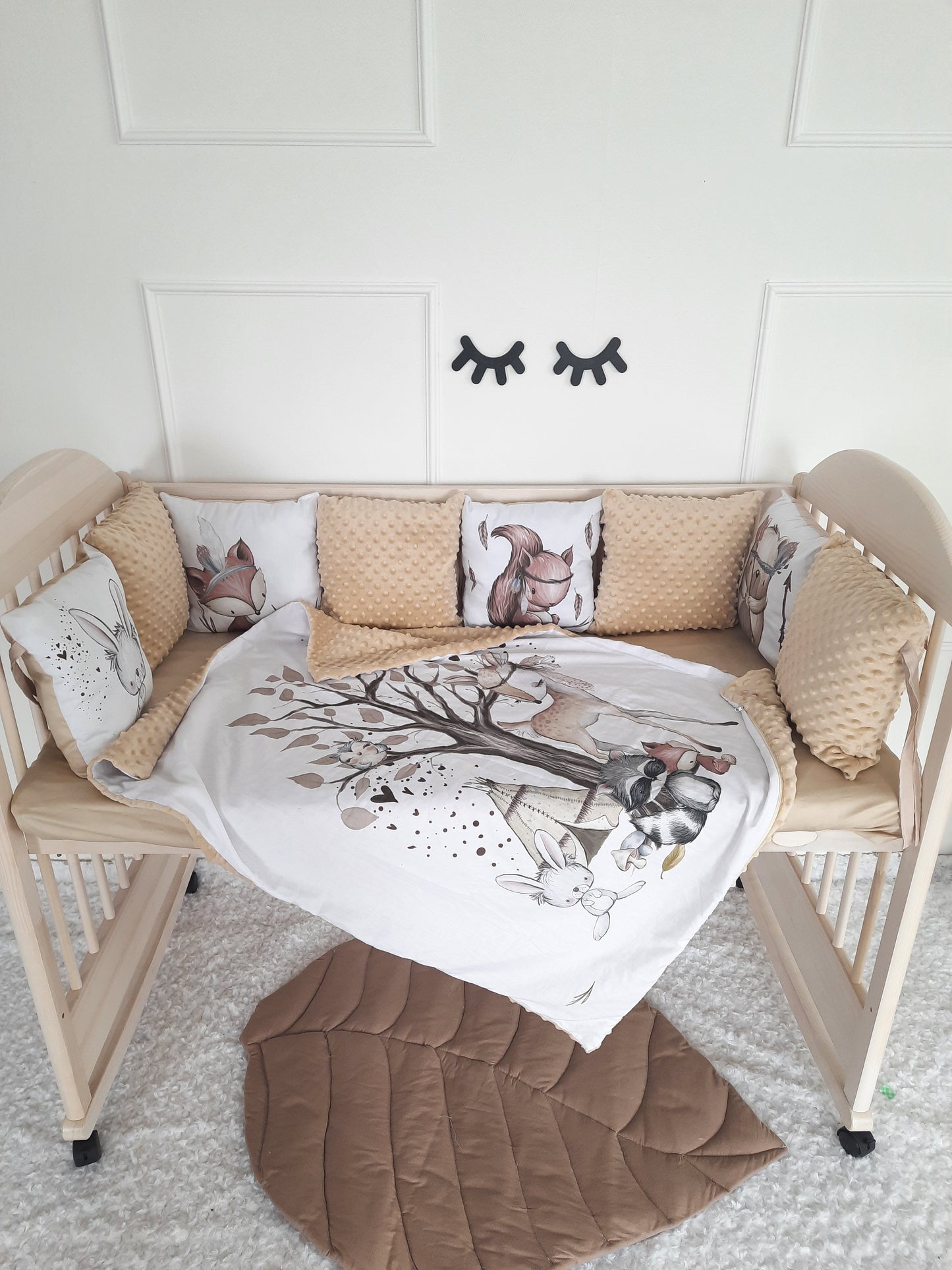 Cream Crib Set: Double Braided Crib Bumper with 8-12 Pillows with Animals Print and Optional Variants