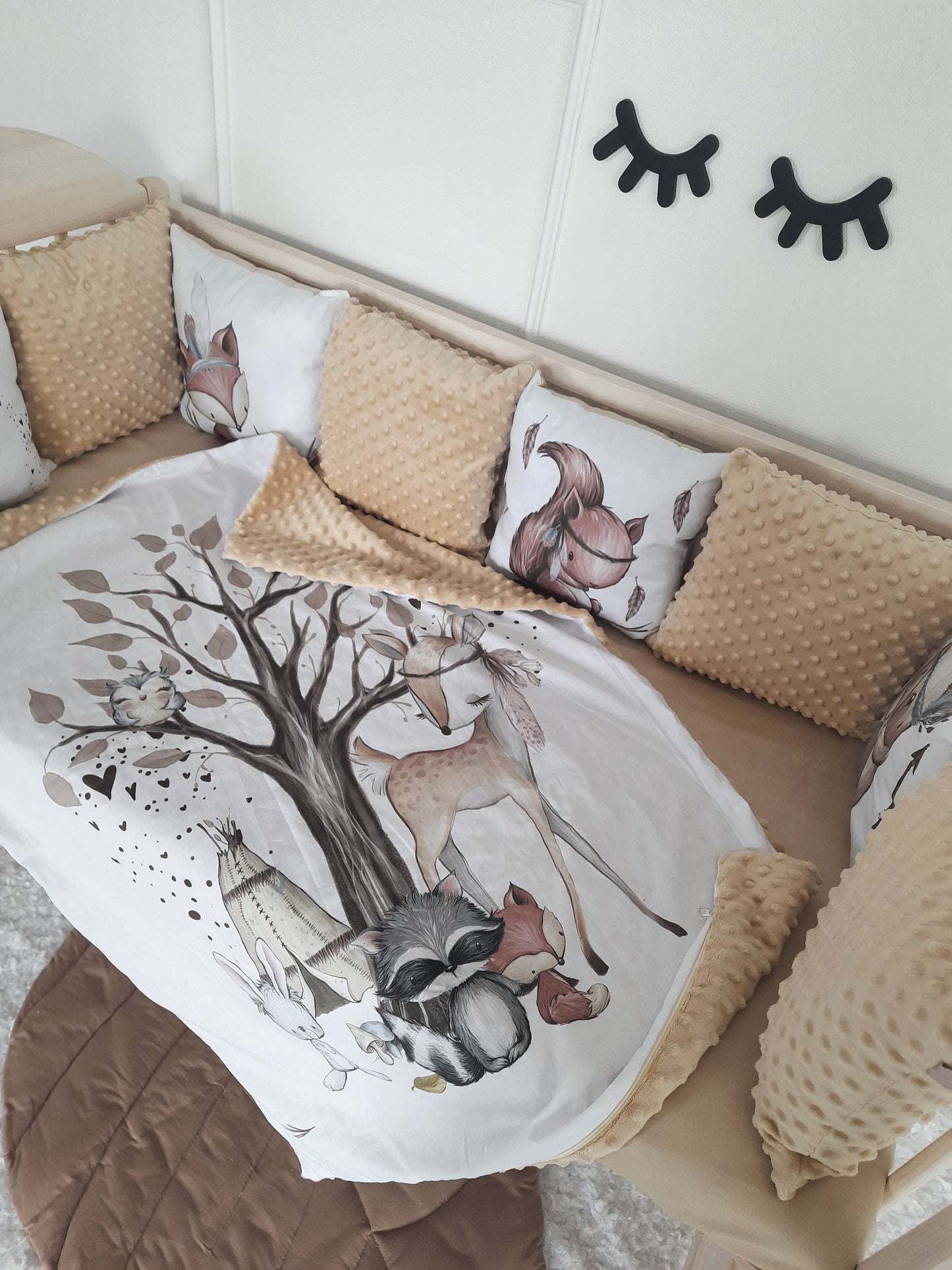 Cream Crib Set: Double Braided Crib Bumper with 8-12 Pillows with Animals Print and Optional Variants