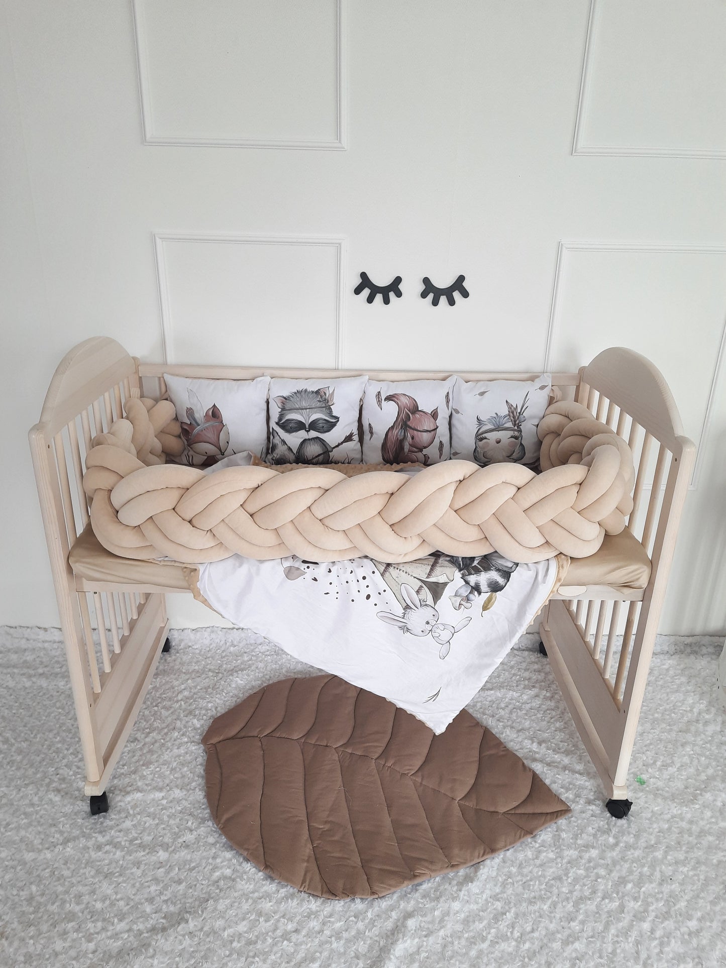 Crib Bumpers set. Cute animals in Beige colors. Pillows + Braided Bumper