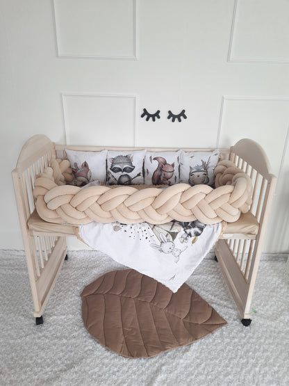 Crib Bumpers set. Cute animals in Beige colors. Pillows + Braided Bumper