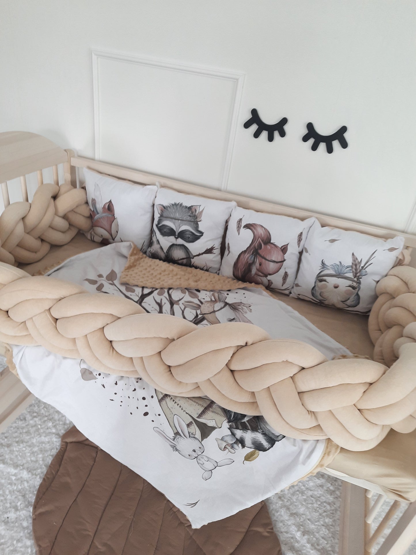 Cream Crib Set: Double Braided Crib Bumper with 8-12 Pillows with Animals Print and Optional Variants