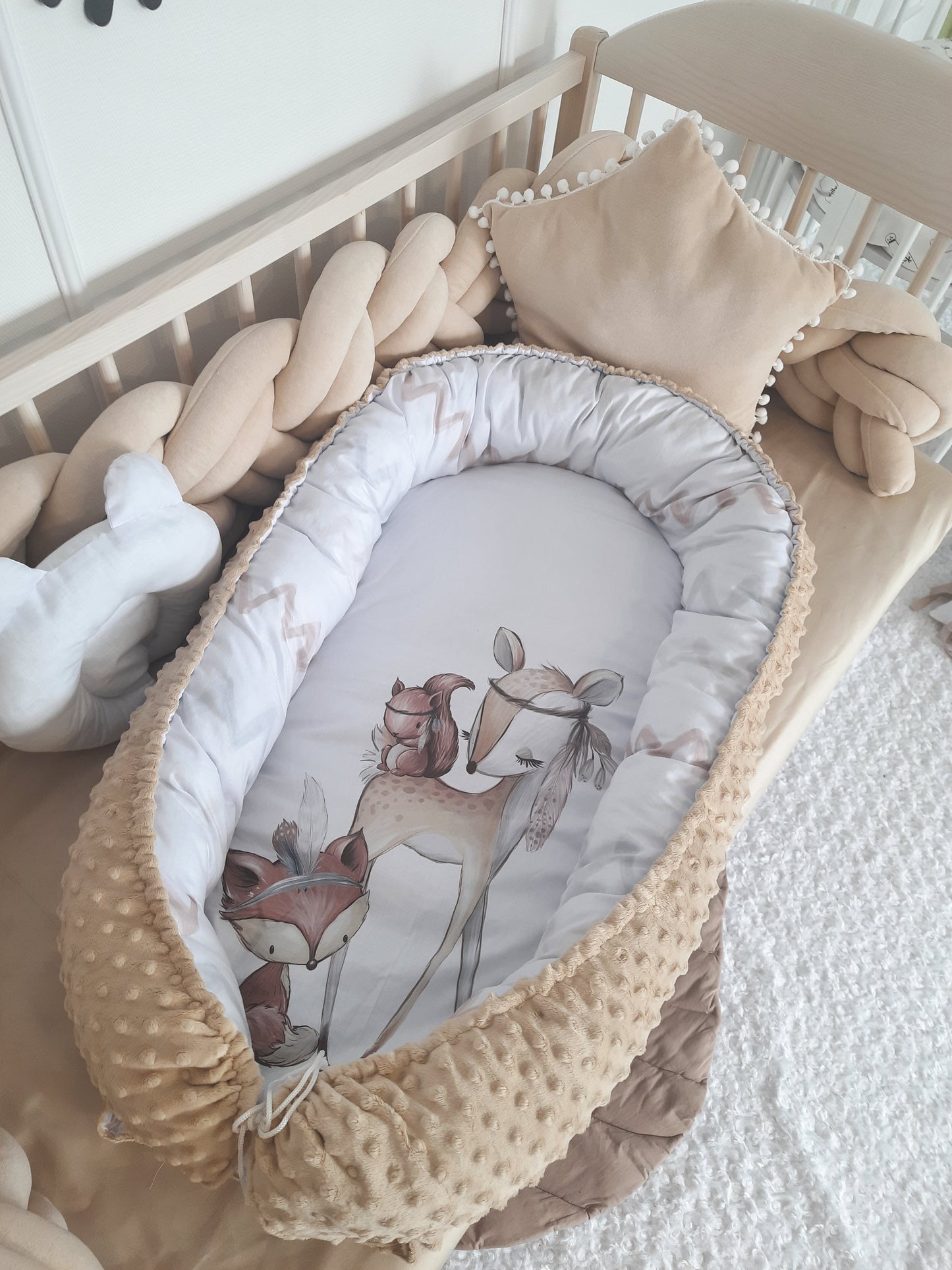 Cream Crib Set: Double Braided Crib Bumper with 8-12 Pillows with Animals Print and Optional Variants