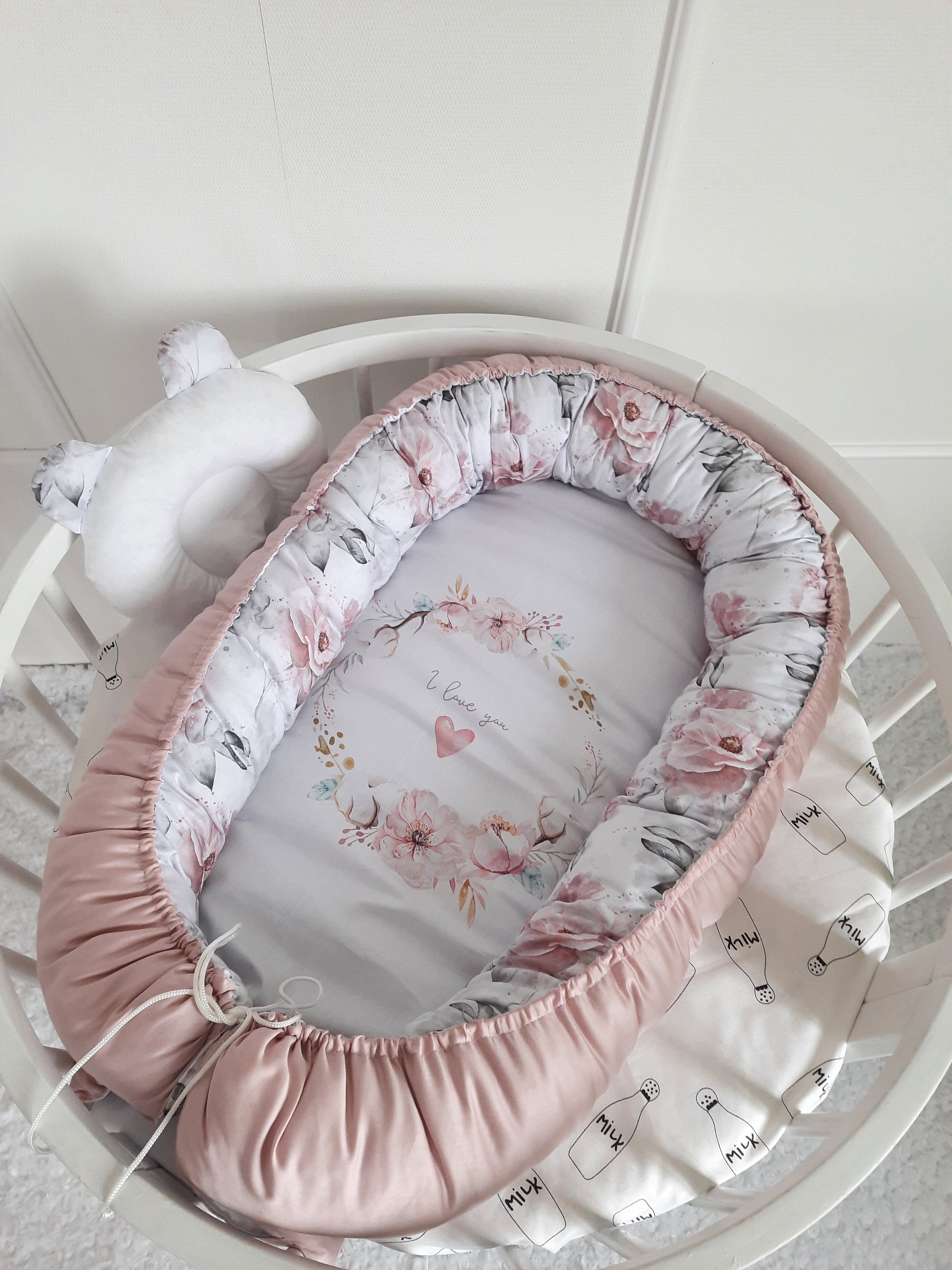 White-LightPink Crib set: Double Braided Crib Bumper with 2 FREE Pillows and Optional Variants