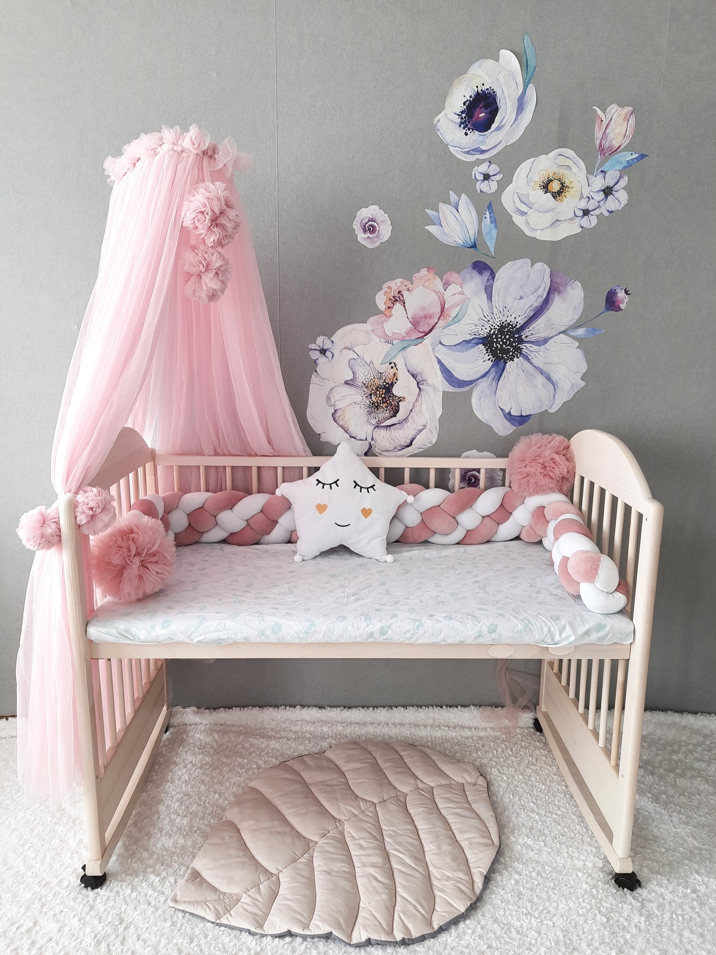 White-Pink Crib Set: Braided Crib Bumper - Weaving in 4 Strips with FREE Star Pillow and Optional Variants