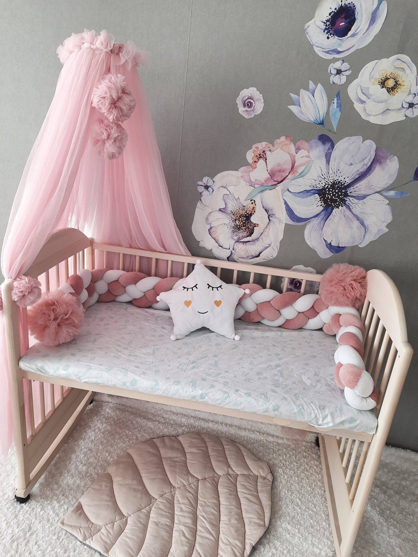 White-Pink Crib Set: Braided Crib Bumper - Weaving in 4 Strips with FREE Star Pillow and Optional Variants