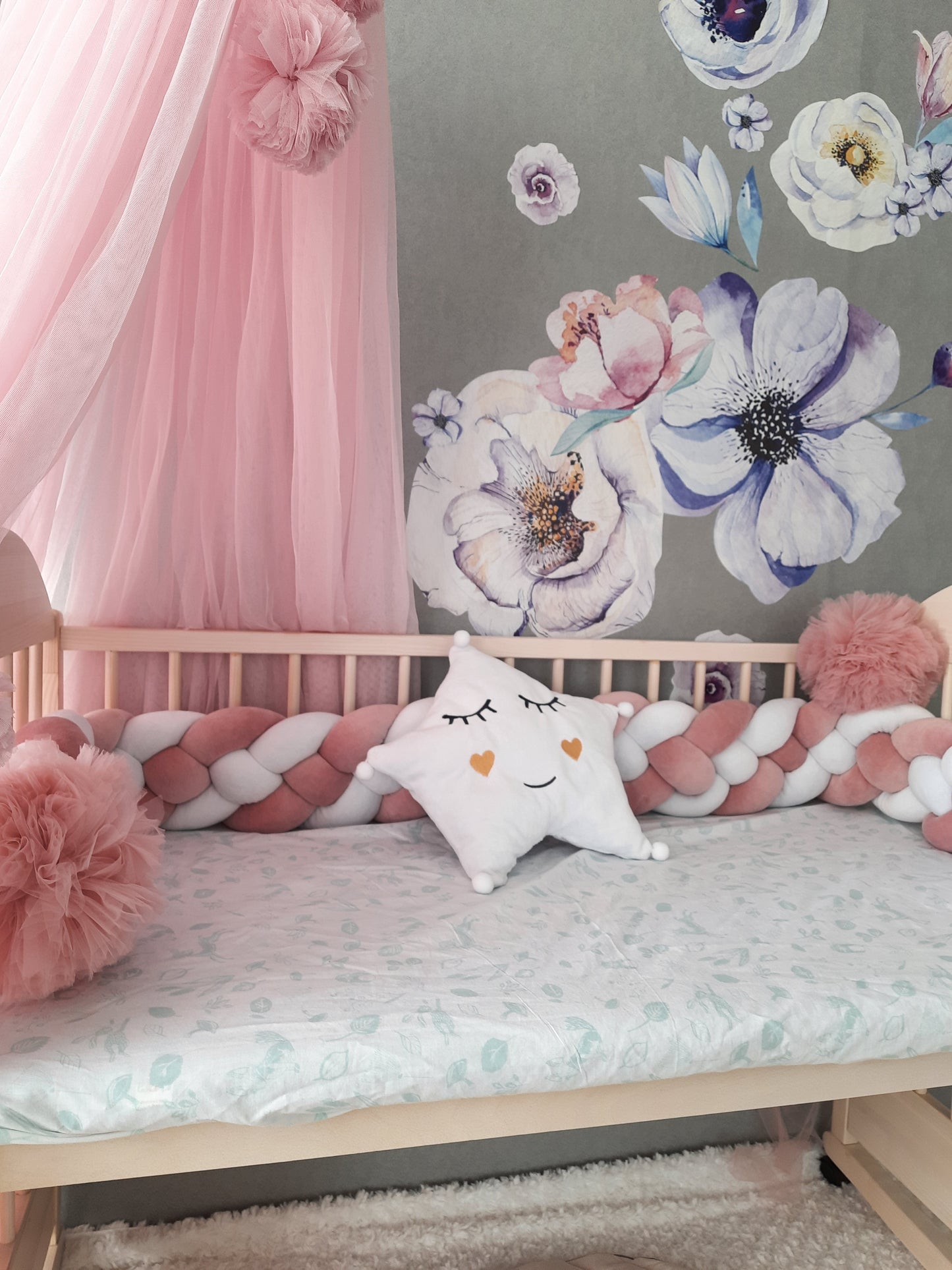 White-Pink Crib Set: Braided Crib Bumper - Weaving in 4 Strips with FREE Star Pillow and Optional Variants