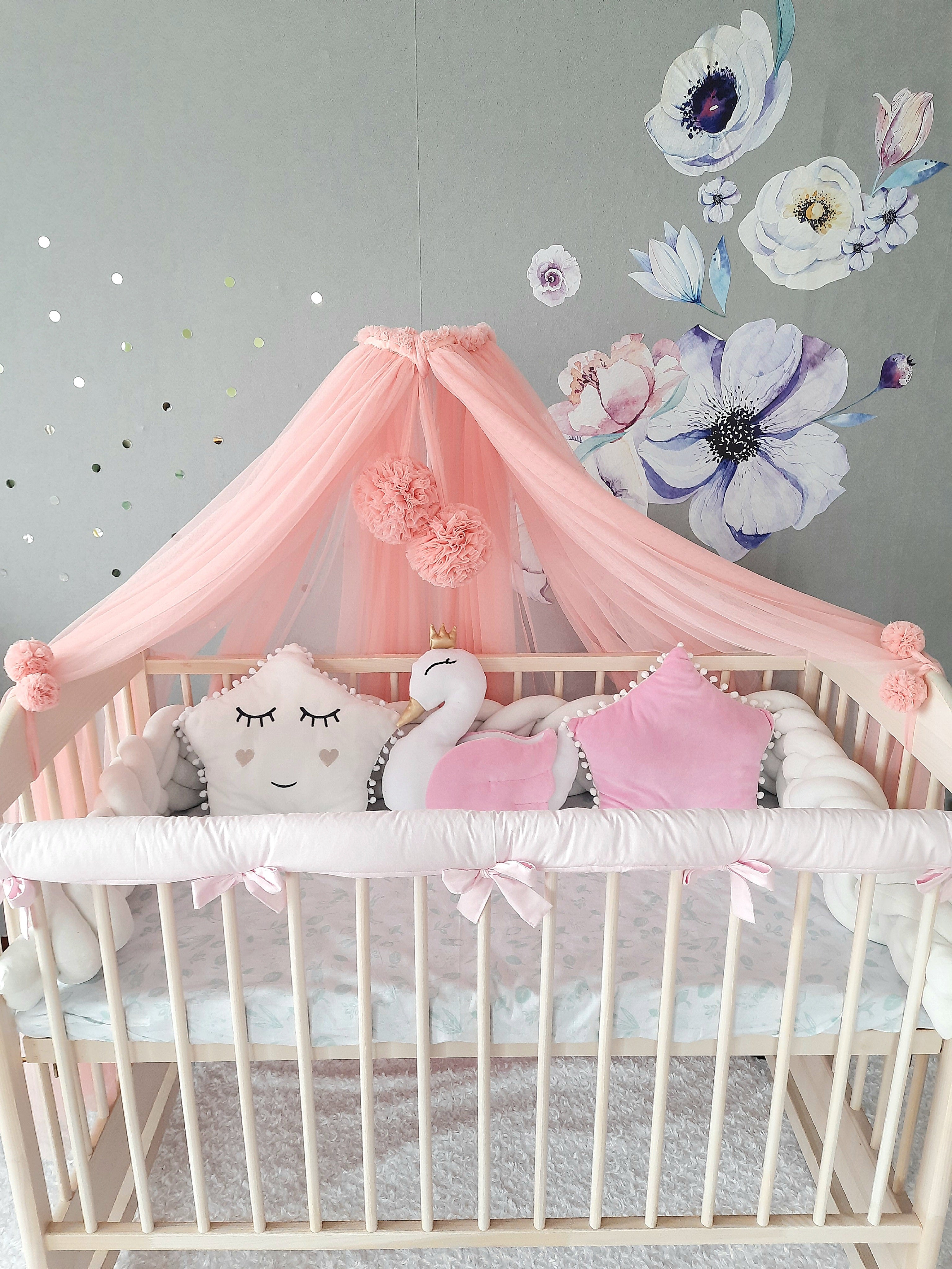 White-LightPink Crib set: Double Braided Crib Bumper with 2 FREE Pillows and Optional Variants