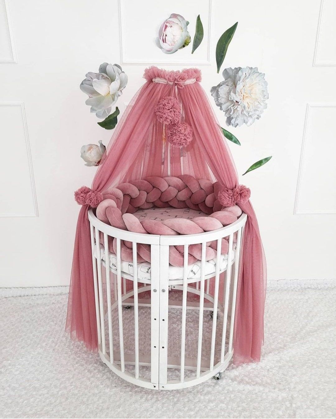 Canopy for crib. Baldachin + pom poms