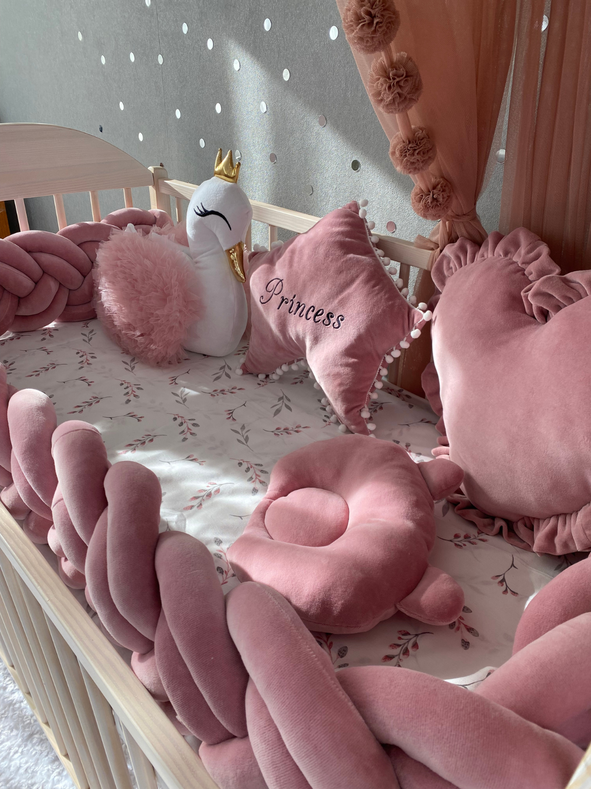 Rose Double Braided Crib Bumper + Free Star Pillow + Optional Variants