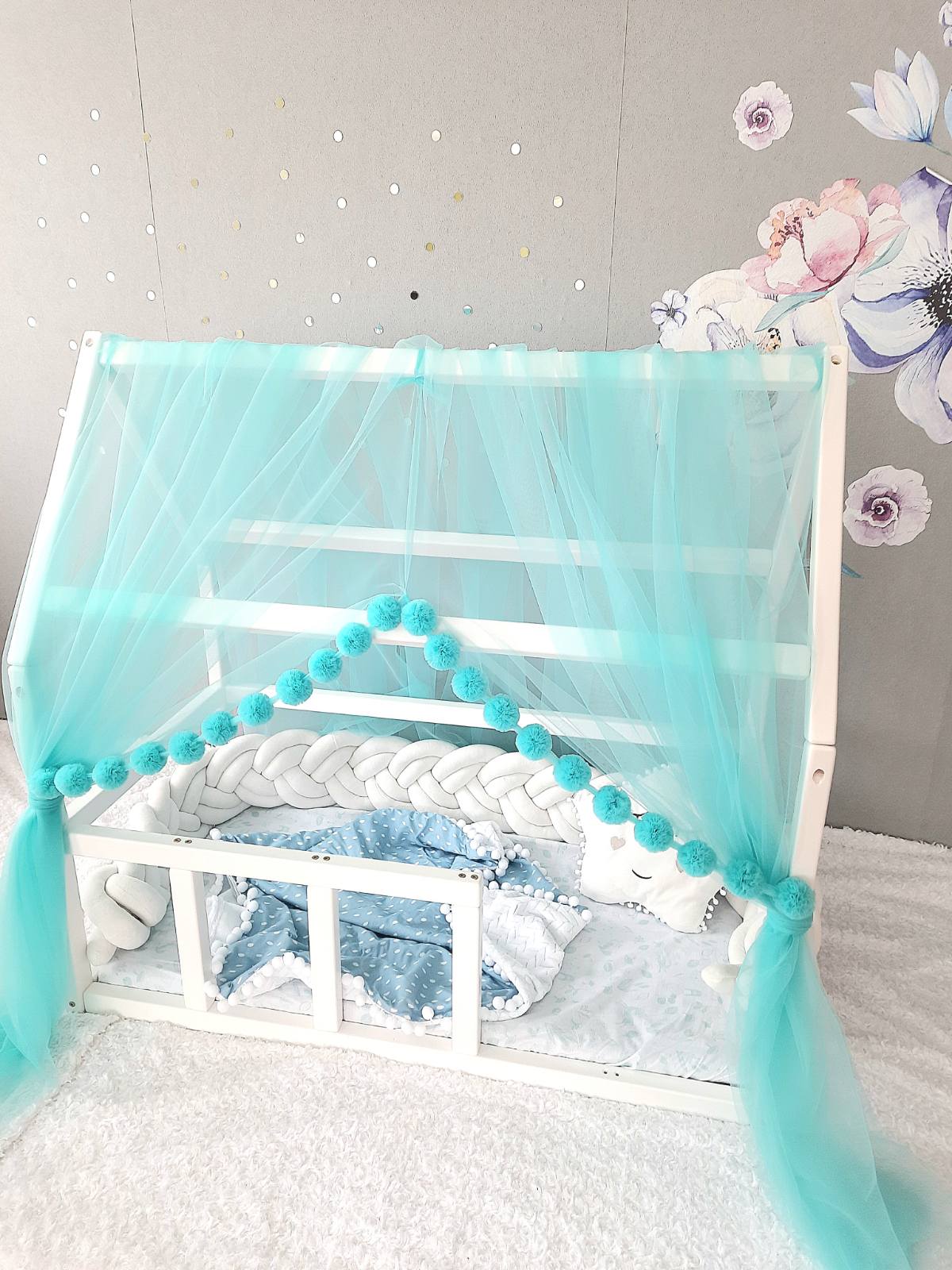 Montessori canopy in aqua color for nursery. Tulle canopy for baby`s crib