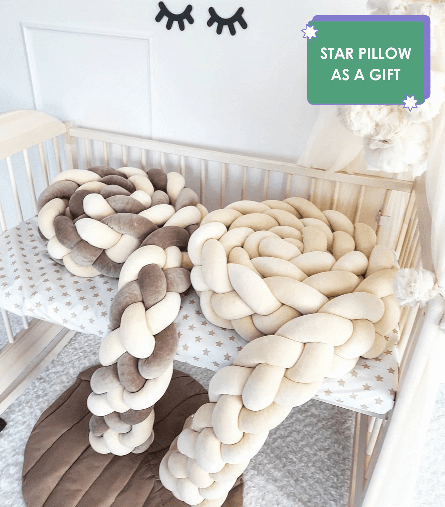 Two Braided Crib Bumper - Weaving in 4 Strips in cream and brown-cream colors on the crib