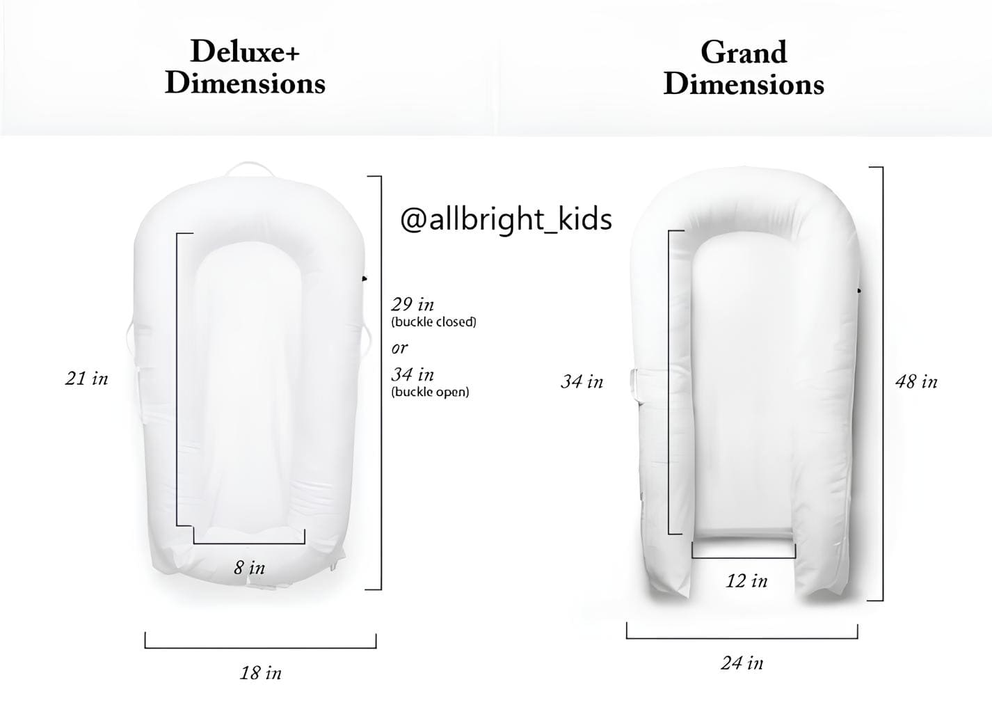 Dimensions for deluxe+ and grand white dockatot, white background, front side, AllbrightKids