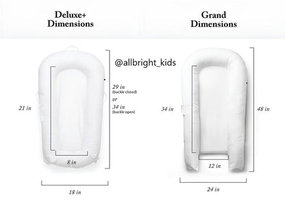 Dimensions for deluxe+ and grand white dockatot, white background, front side, AllbrightKids
