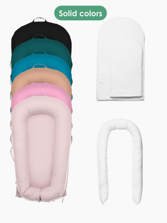 DockATot set: cover in solid color and replacement parts (Pad+Tube) for Deluxe+ and Grand Dock A Tot, white background