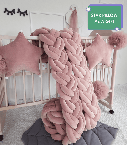 Rose and Blush Double Braided Crib Bumpers with rose and blush star pillow on crib. Star pillow as a gift.  Front side slightly angled from the left