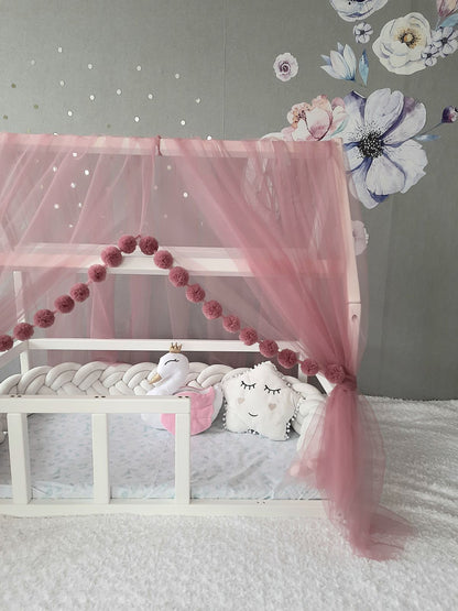 Tulle montessori canopy in fresia color for nursery. Montessori canopy with pompoms