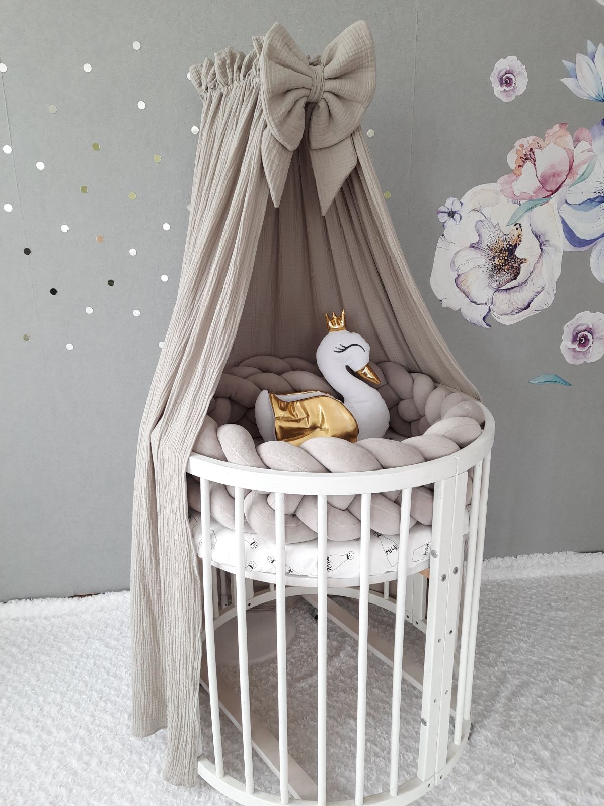 Gray muslin canopy with bow. Muslin canopy for baby`s bed